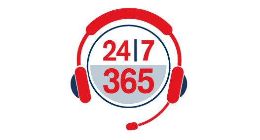 Icon showing a headset with a circle in the middle with the words 24/7 365